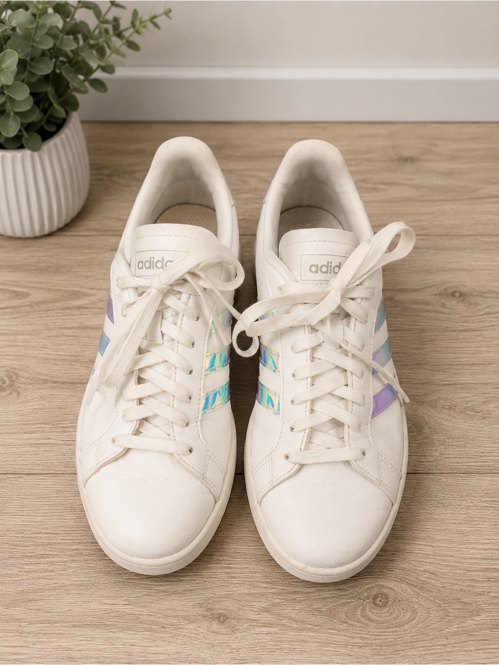 Adidas Women's White Sneakers with Iridescent Stripes